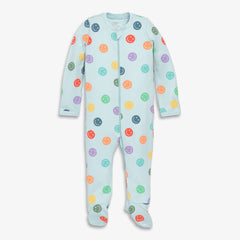 Baby organic zip footie in happy faces