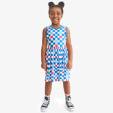 Kids cross-back tank dress in checkerboard