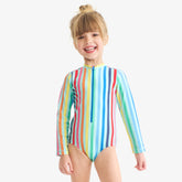 Kids long sleeve one-piece rash guard in rainbow sky stripe