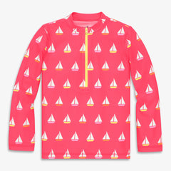 Kids long sleeve half-zip rash guard in sailboats