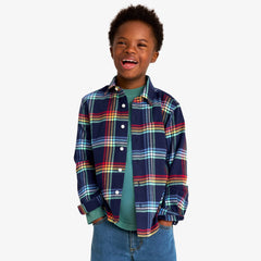 Kids long sleeve flannel button down in rainbow plaid