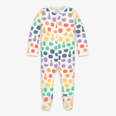 Baby organic zip footie in rainbow pumpkins