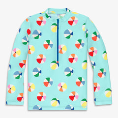Kids long sleeve half-zip rash guard in beach balls