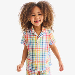 Kids short sleeve PJ top in rainbow plaid