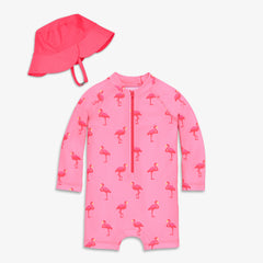 Baby one-piece rash guard & hat in flamingos