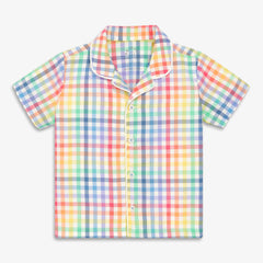 Kids short sleeve PJ top in rainbow plaid