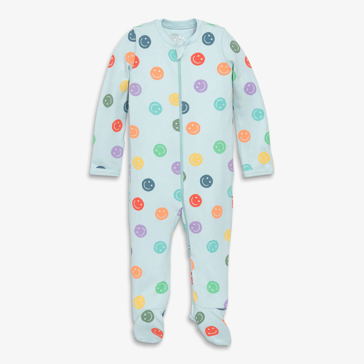 Baby organic zip footie in happy faces