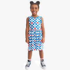 Kids cross-back tank dress in checkerboard