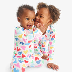 Baby organic zip footie in rainbow candy hearts