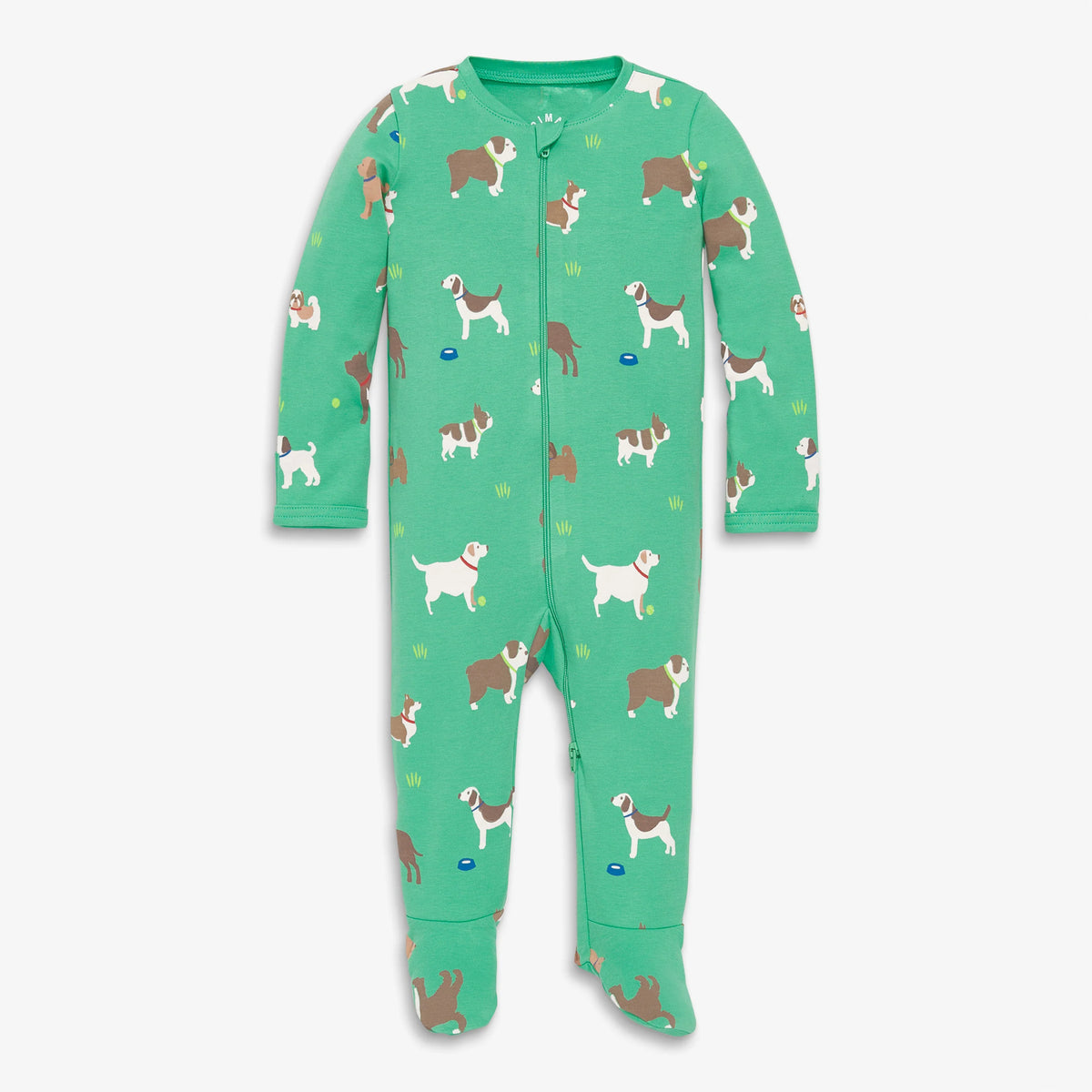 Baby organic zip footie in dog park