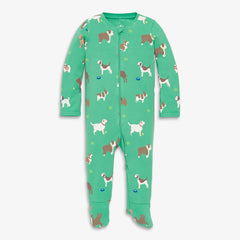 Baby organic zip footie in dog park