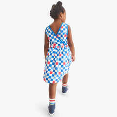 Kids cross-back tank dress in checkerboard