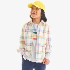 Kids long sleeve flannel button down in rainbow plaid