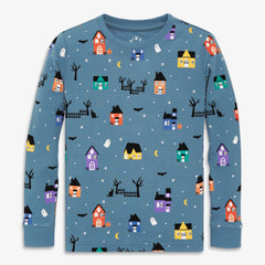Kids organic long sleeve PJ top in spooky village