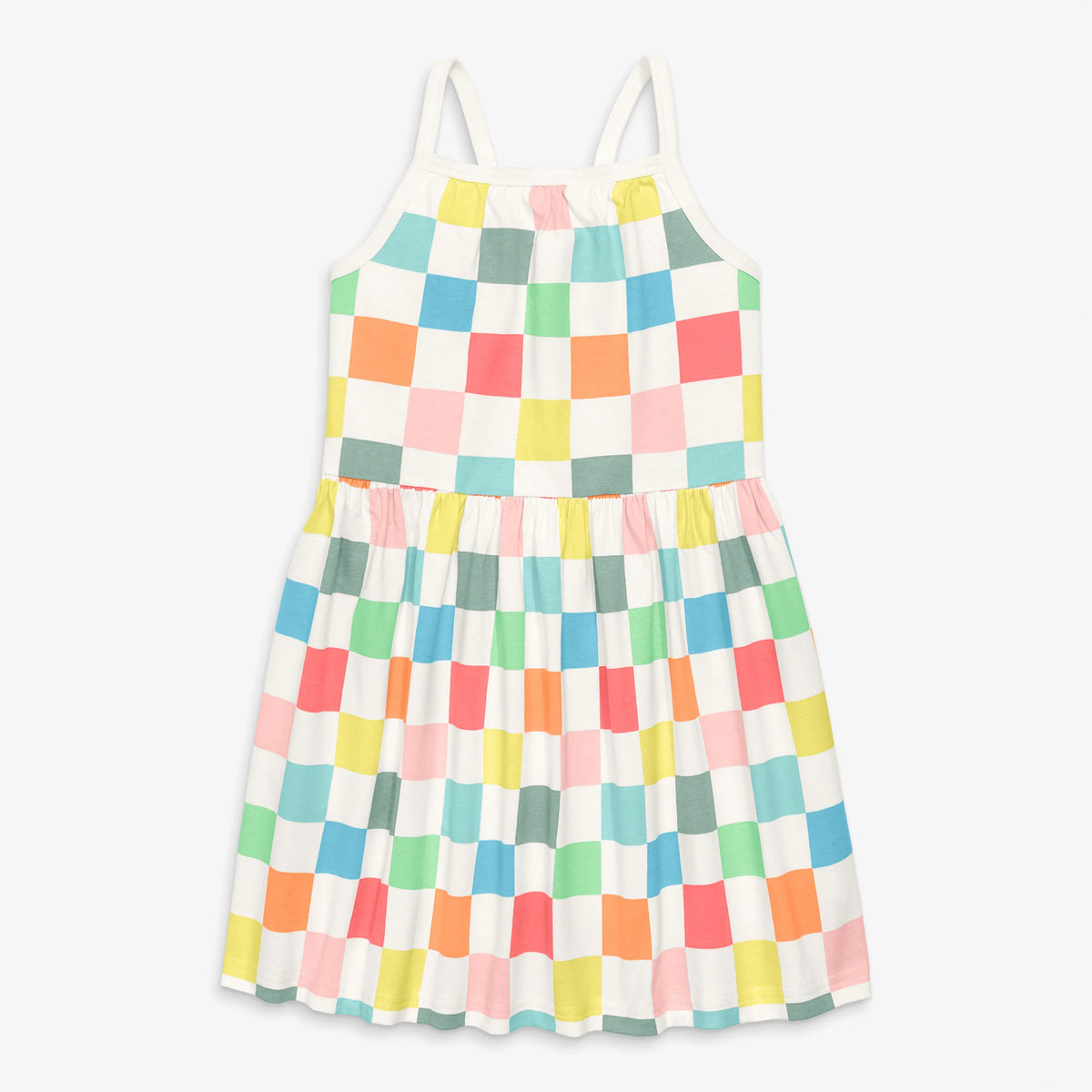 Kids boardwalk dress in rainbow checkerboard