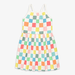 Kids boardwalk dress in rainbow checkerboard