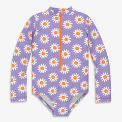 Kids long sleeve one-piece rash guard in daisies