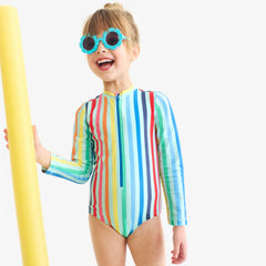 Kids long sleeve one-piece rash guard in rainbow sky stripe