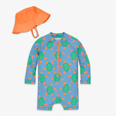 Baby one-piece rash guard & hat in swimming turtles