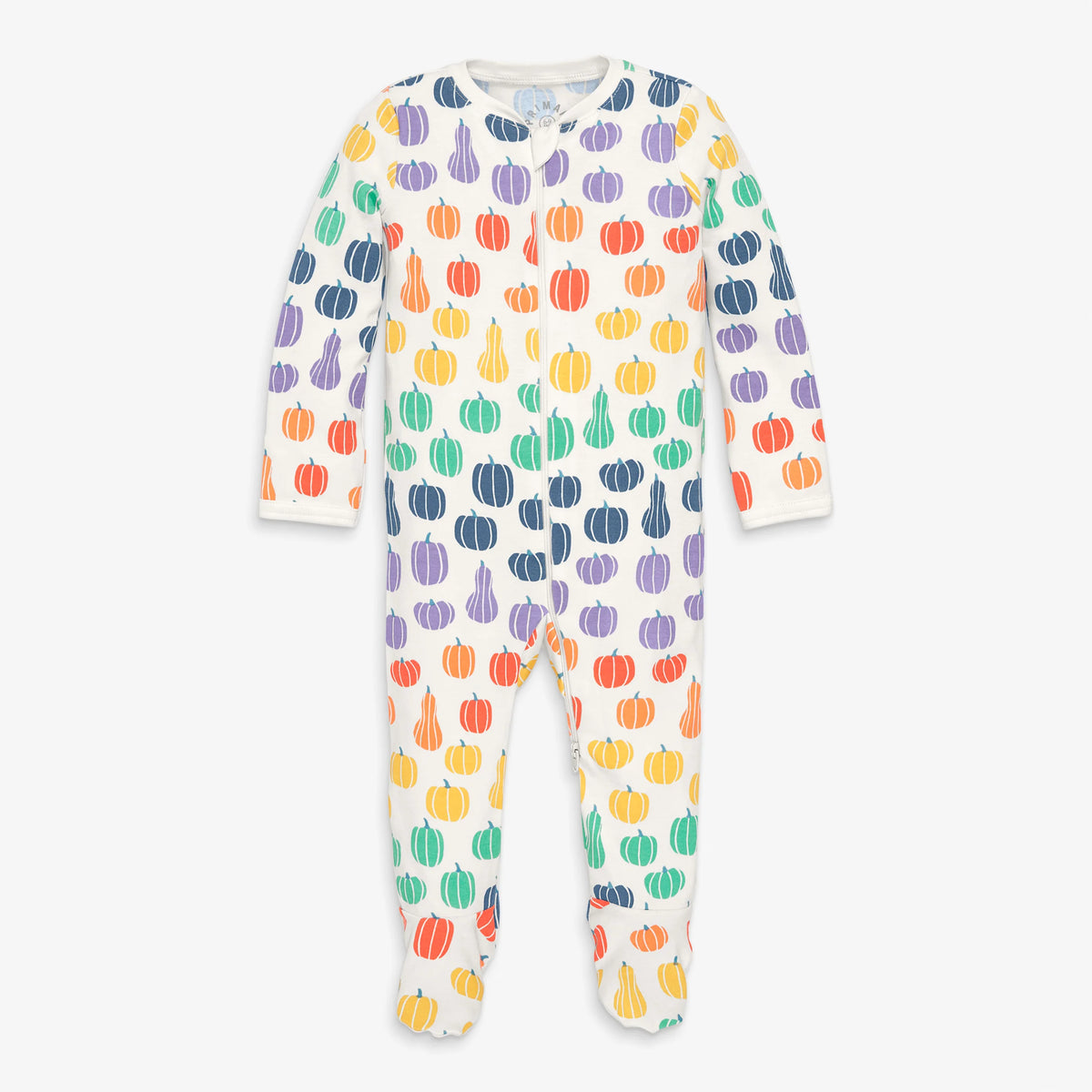 Baby organic zip footie in rainbow pumpkins
