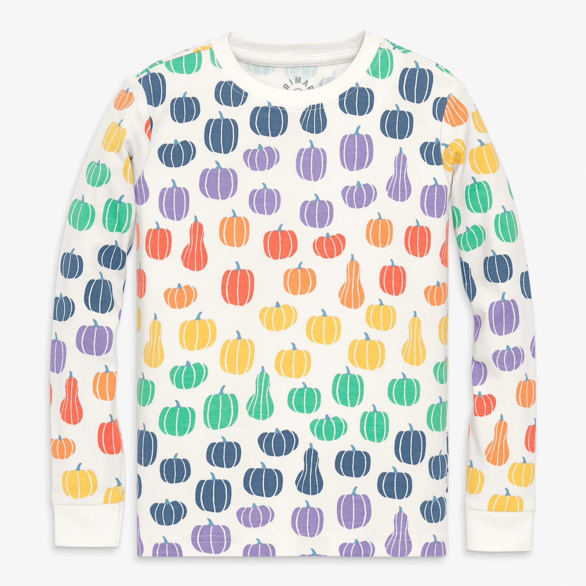 Kids organic long sleeve PJ top in rainbow pumpkins