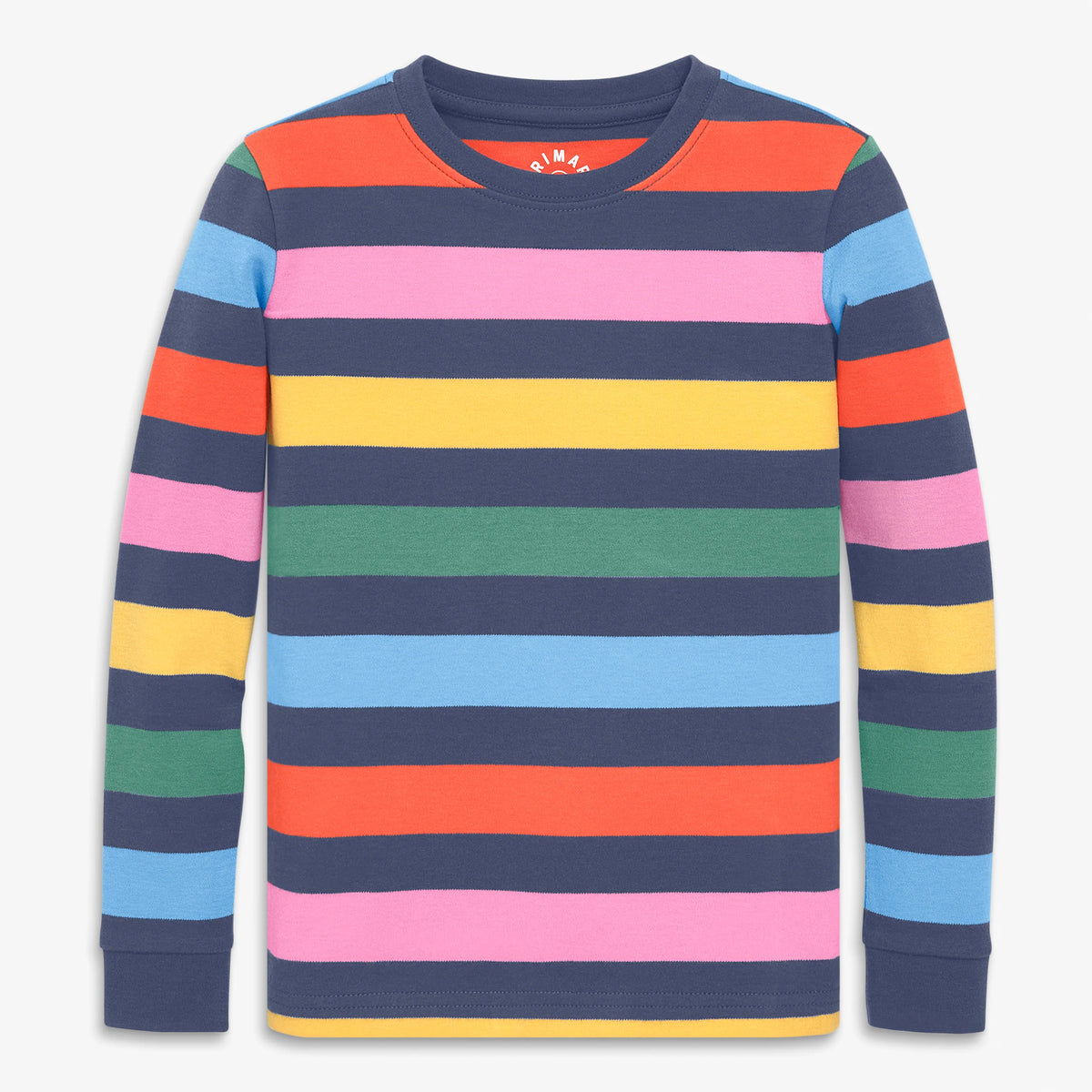 Kids organic long sleeve PJ top in rainbow stripe