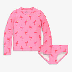 Kids long sleeve swim top & bikini bottom set in flamingos