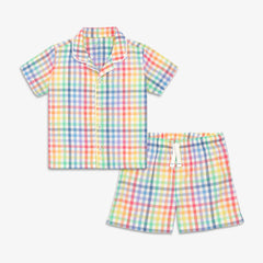 Kids PJ top and short set in rainbow plaid