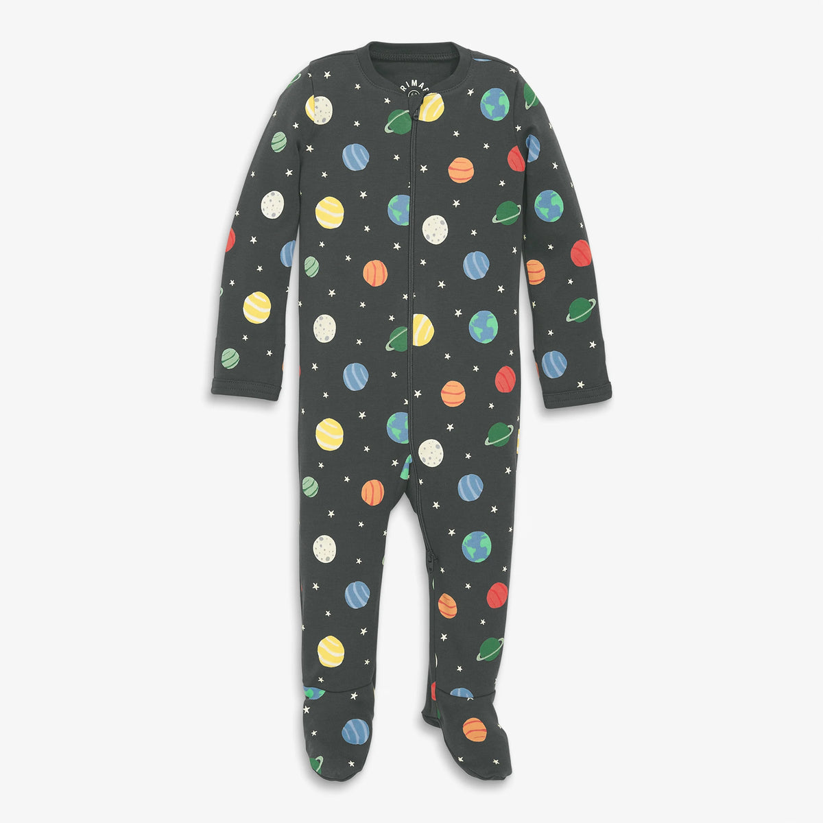 Baby organic zip footie in rainbow galaxy