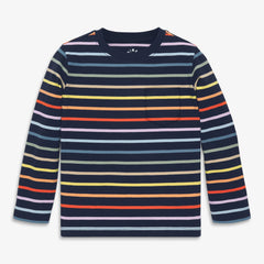 Kids long sleeve pocket tee in rainbow stripe