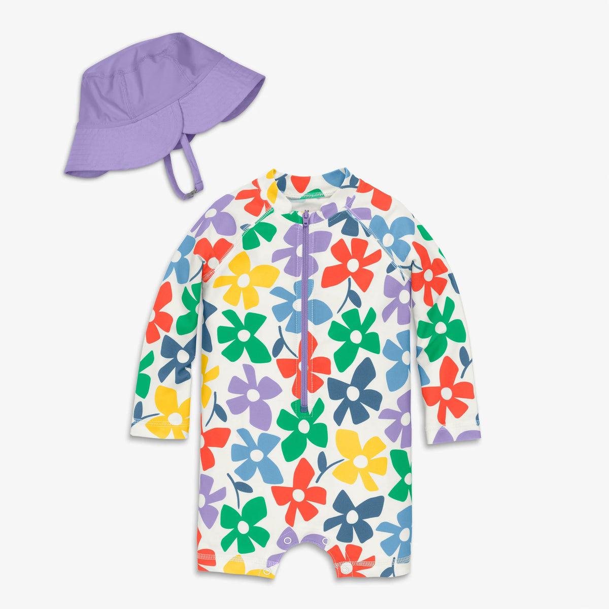 Baby one-piece rash guard & hat in rainbow blooms